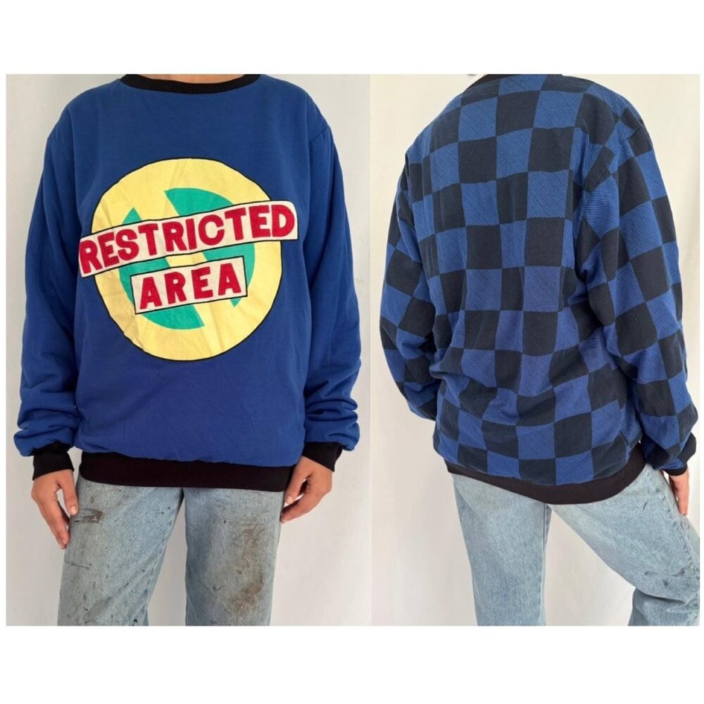 90s vintage blue reversible puffy cotton bold check graphic pullover sweatshirt